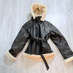 NEW!! Vintage Wilda Genuine Leather Shearling Hooded Belted Jacket Coat Black XL